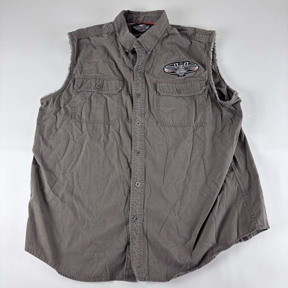 Harley-Davidson Other - Harley Davidson‎ 2XL Sleeveless Button Down Shirt Vest Patch Mechanic XXL Brown